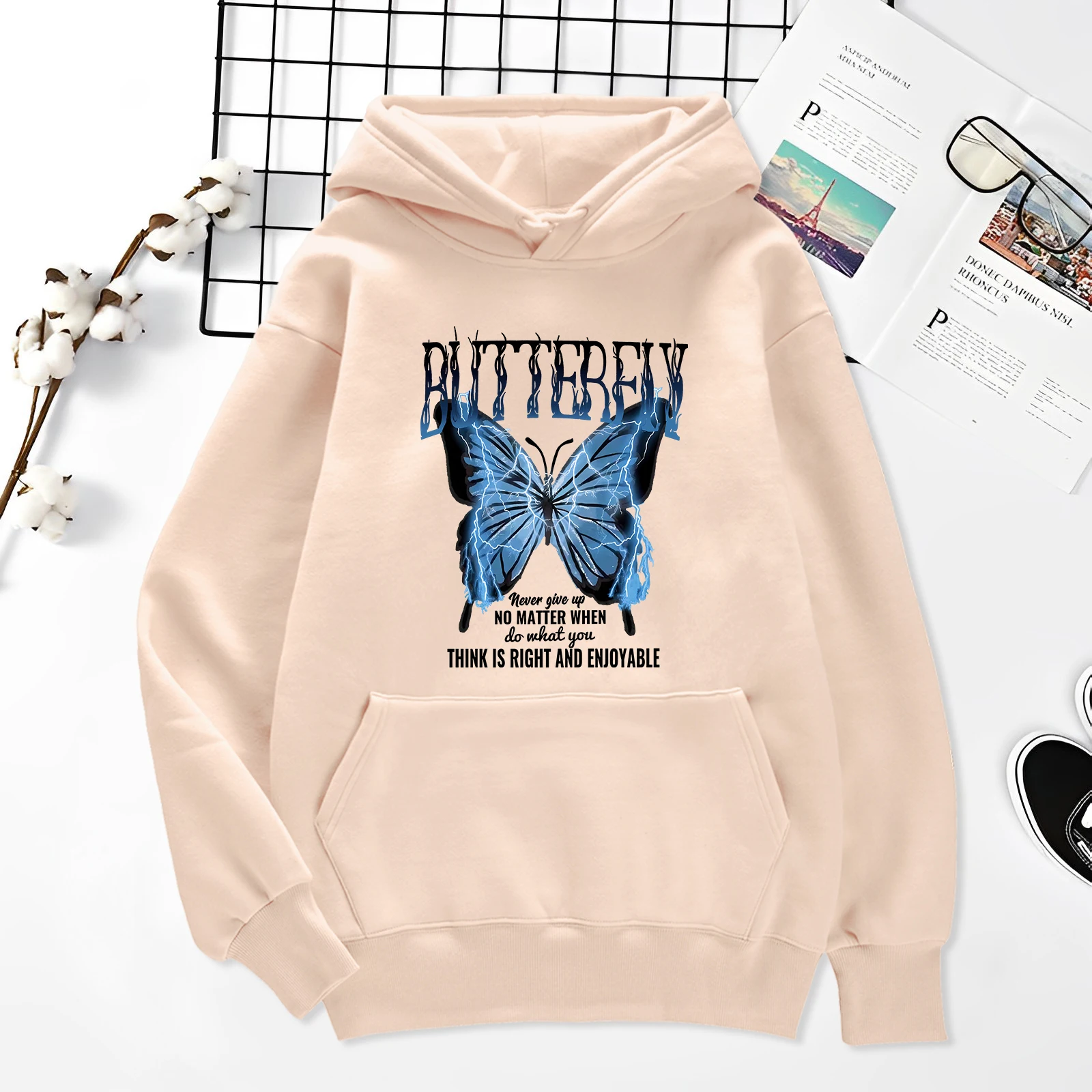 Blue Lightning Butterfly Creative Word Printing Clothes Mens Hip Hop Style Fleece Pullover Street Fashionable Male Hoody