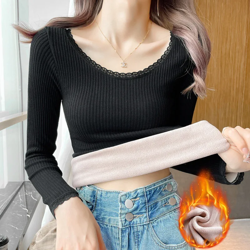 

Thermal Underwear Women Winter Bottoming Shirt Fleece Warm Solid Long-Sleeved Lambwool Close-fitting O-Neck Pullover