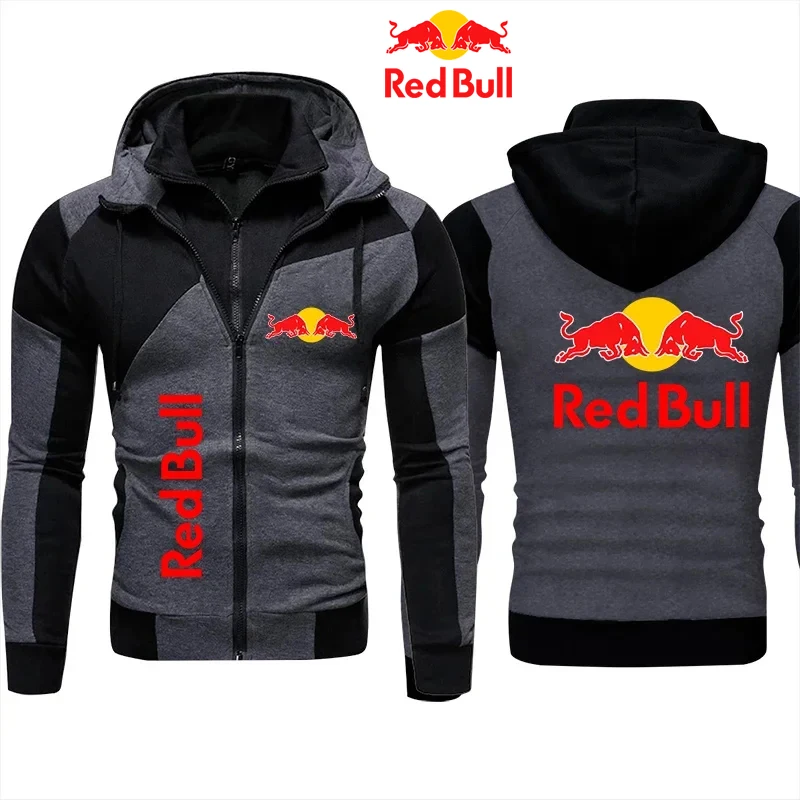 Motorcycle Jacket Red Bull Logo Printed Autumn Men's Double Zip Dress Jacket Cotton Sweatshirt Hoodie Red Bull Logo Men's Wool T