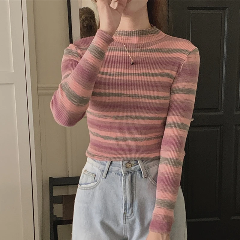 Striped Sweater For Women Autumn Winter Half High Collar Pullovers Knitted Tops Female Long Sleeve Casual Slim Jumper Sweaters