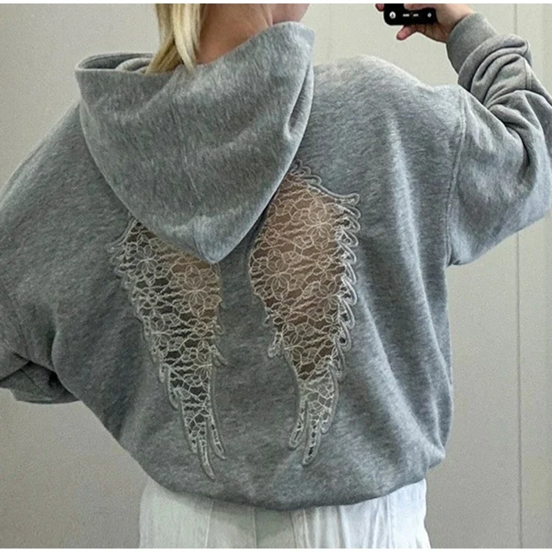 Damen-Oberteile, Oversize-Cropped-Hoodie-Pullover mit Rückenverzierung aus Spitze, Engelsflügel-Stickerei-Patch, Kapuzenpullover, Gothic-Langarmjacken – Detail 7