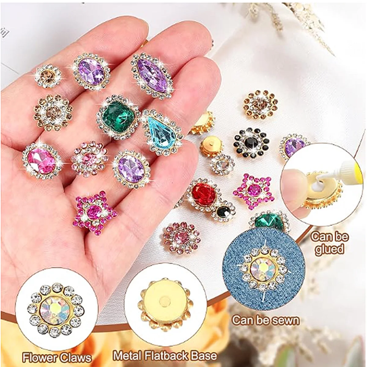 150 Stück vergoldete schwarze Kristall-Strass-Applikationen zum Aufnähen, glitzernde Legierungs-Dekorationsknöpfe für Kleidung und Accessoires – Detail 1