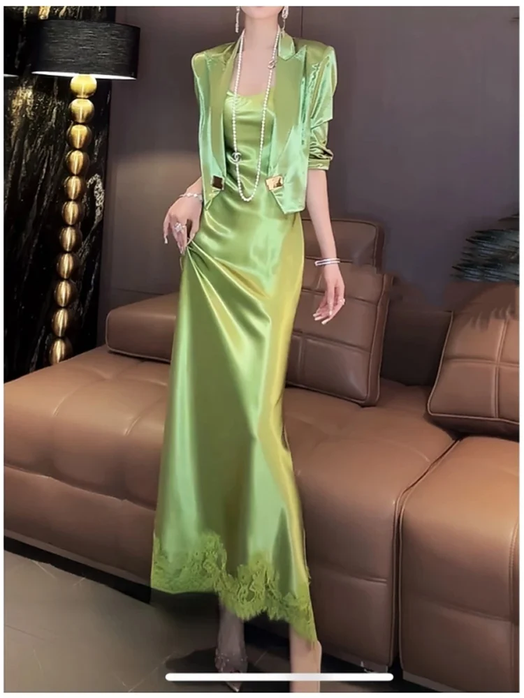 

European niche design satin solid color long sleeved suit jacket+camisole Dress jacket two-piece set for women's 2025 new