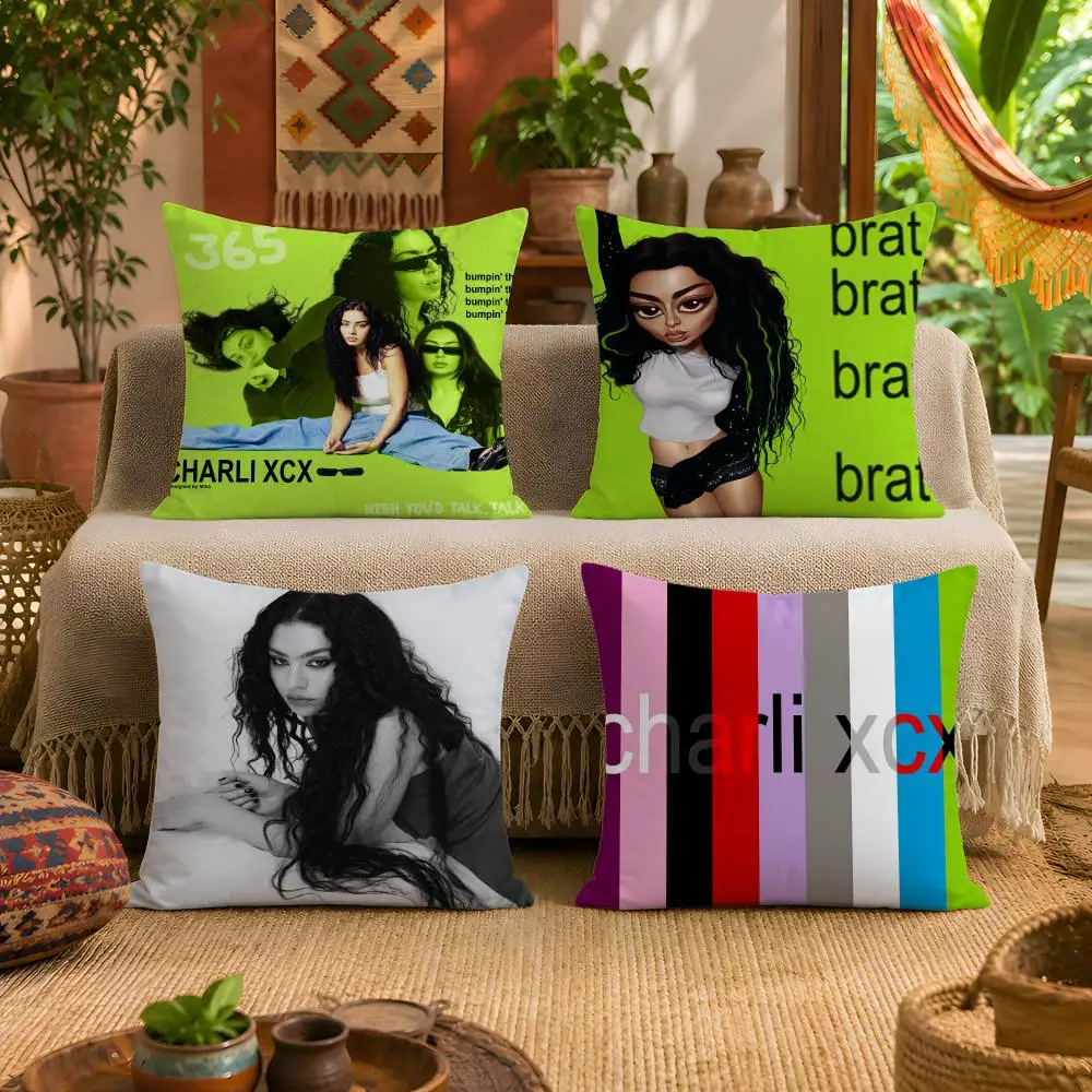 C-Charli XCX BRAT Singer Cushion Cover 1pc Square Plush Pillow Cover Soft Fuzzy Removable Washable Sofa Bed Bedroom Decor