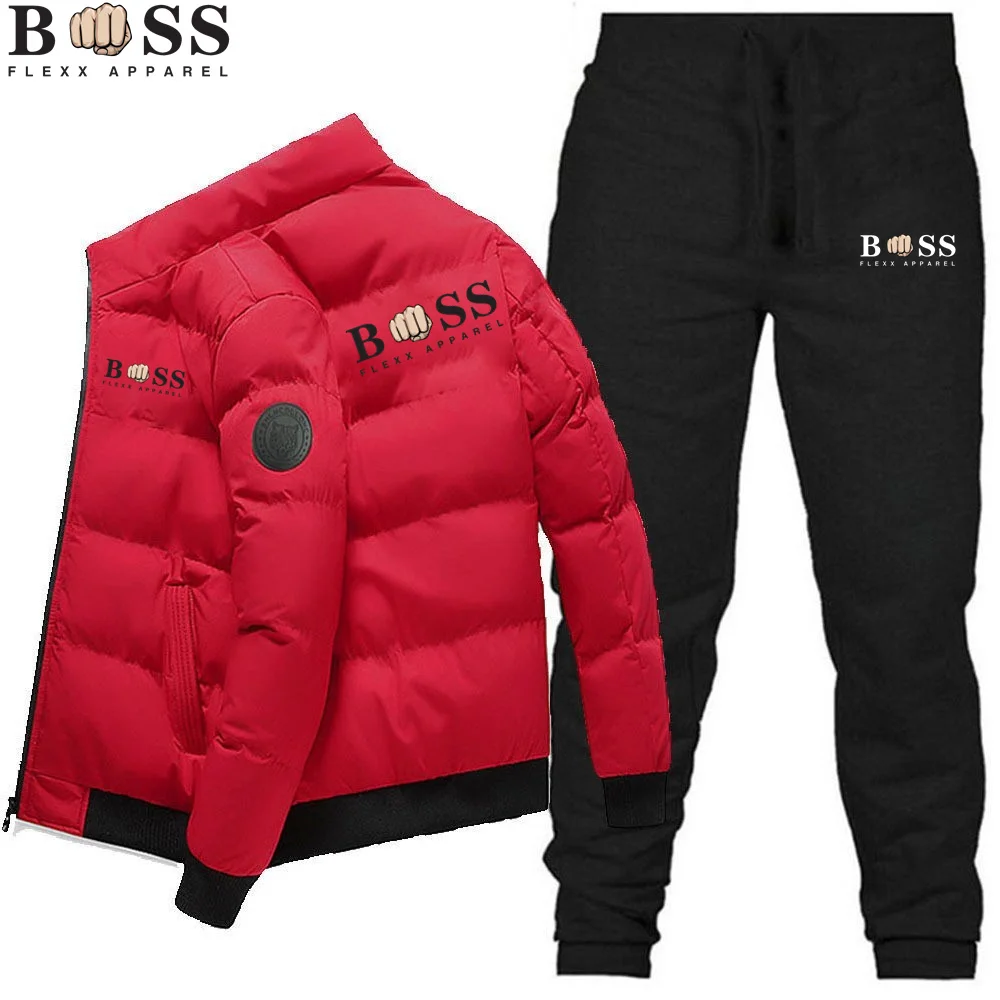 2023 Fashion Winter Korean Edition Men\'s Fashion Warm New Windproof High Quality Polyester Zipper Jacket and Trouser 2-Piece Se