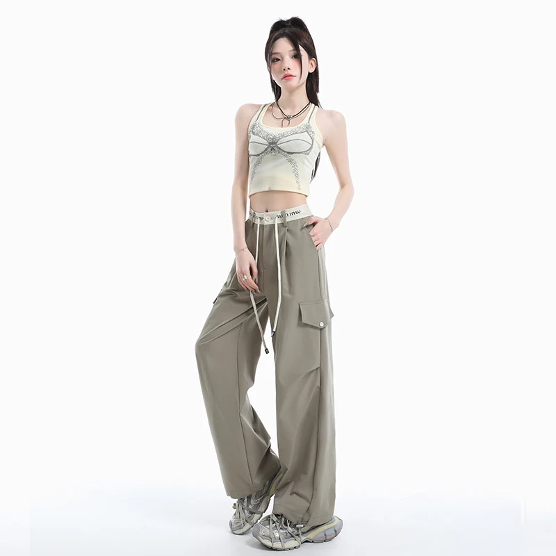 Women's Cargo Pants 2026 Summer New High Waist Loose Fit Quick Dry Casual Straight Wide Leg Trousers  Elastic Cuff Sweatpants