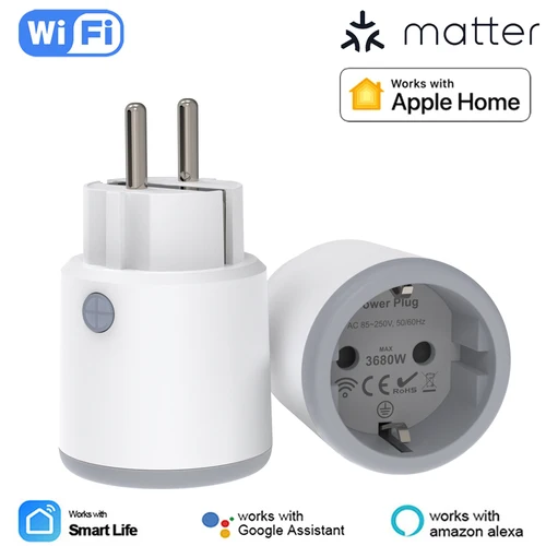 Matter enchufe de alimentación inteligente Wifi 16A medidor de potencia Control remoto salida de la UE funciona con Tuya Homekit Echo Alexa Google Home Smartlife