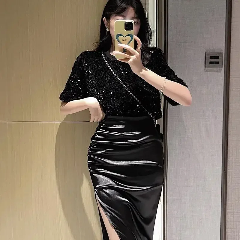 Black Short Sleeve Party Sexy Maxi Women\'s Two Piece Set Sequin Slit Skirt Mature Long Chic and Elegant Festival Female Outfits