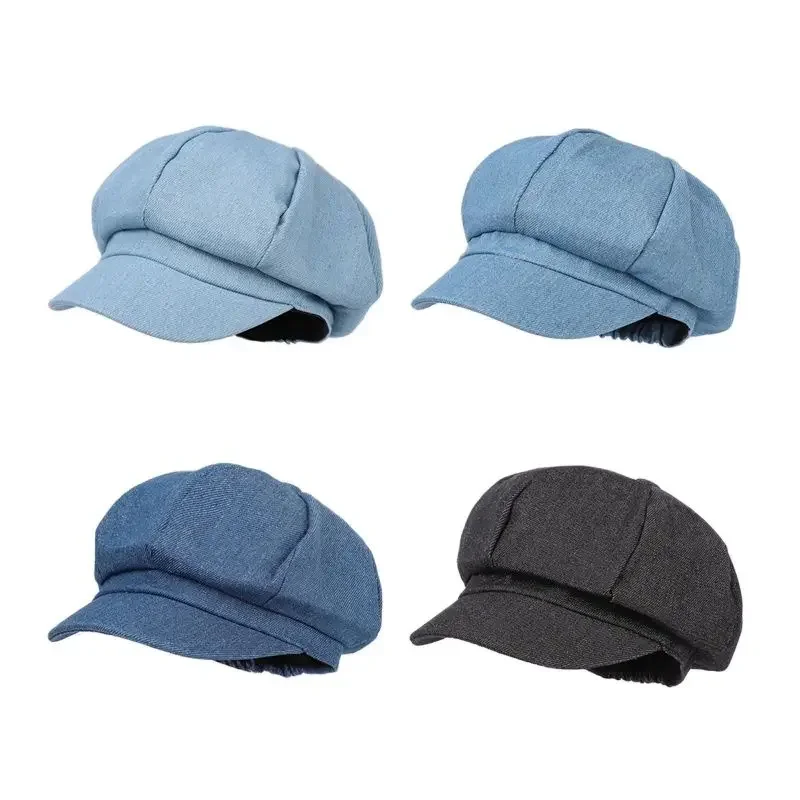 Four Seasons Denim Solid Octagonal Hats for Women and Men Berets Painter Hat Beanie Cap 18