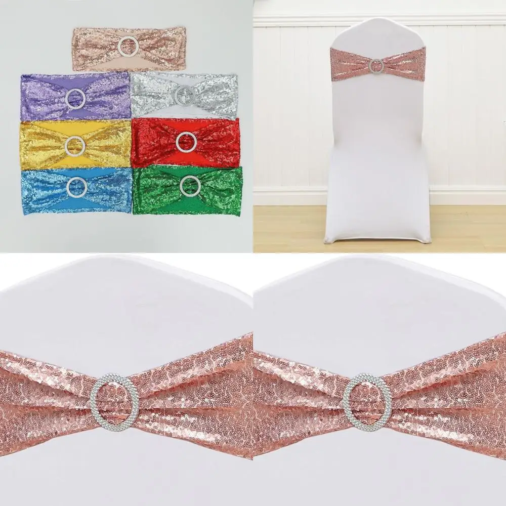

Rose Gold Sequin Chair Sashes with Silver Buckles, 50 Pack for Wedding and Party Decorations