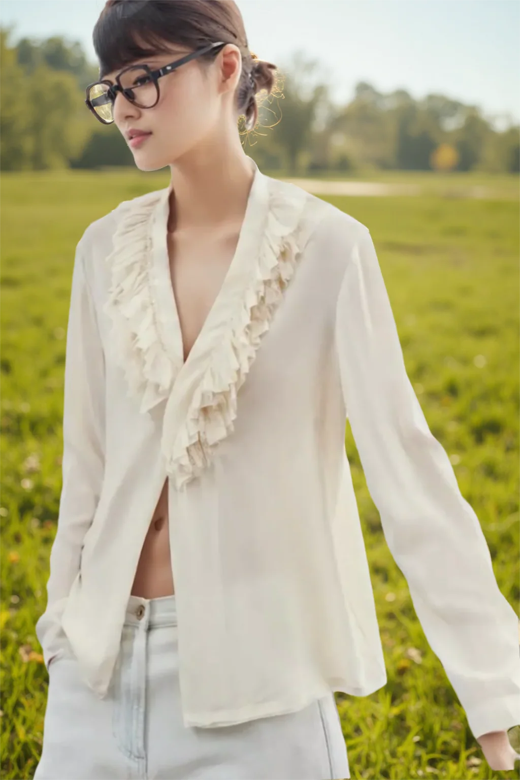 

Элегантная женская ретро-рубашка с V-образным вырезом, оборками и длинными рукавами, весна-лето 2026, повседневный топ, модная полупрозрачная брендовая рубашка для женщин