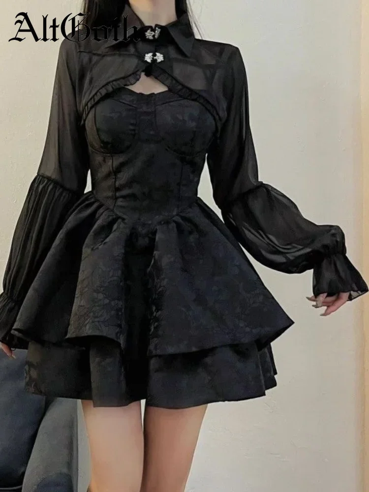 AltGoth Black Sexy Lolita Dress Women Gothic Vintage Mini Dresses Harajuku Halloween Cosplay Costumes Long Sleeve Fairy Dress