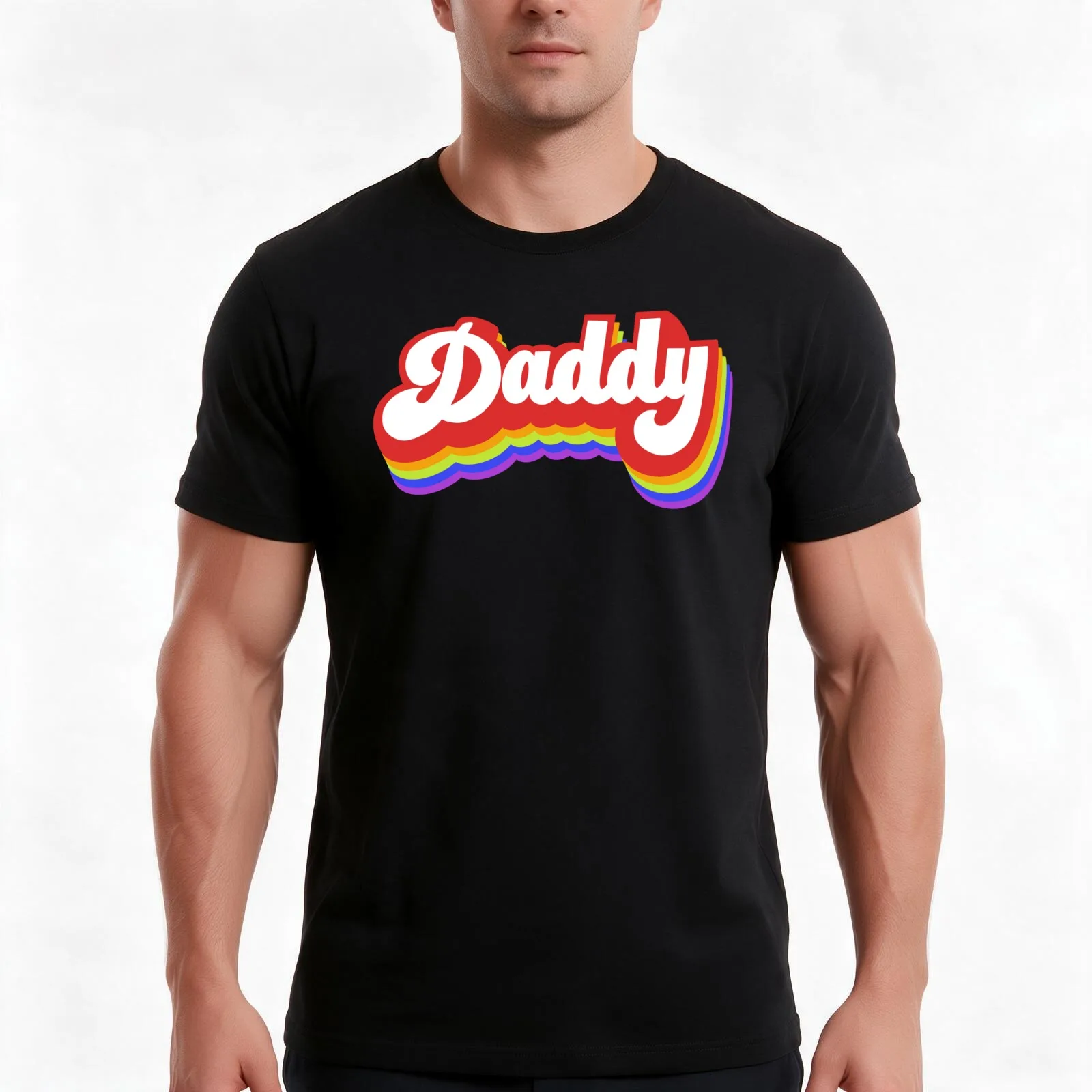 Rainbow Daddy Script T-Shirt, Summer Casual Cotton Tee, Oversized Streetwear Tops, Vintage Graphic Print, Loose Fit Short Sleeve