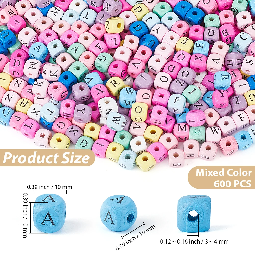 600PCS 10x10x10MM Large Hole Cube Wood Beads with Initial 26 Letters Square Alphabet Wooden Printed Loose Spacer Bead Bulk