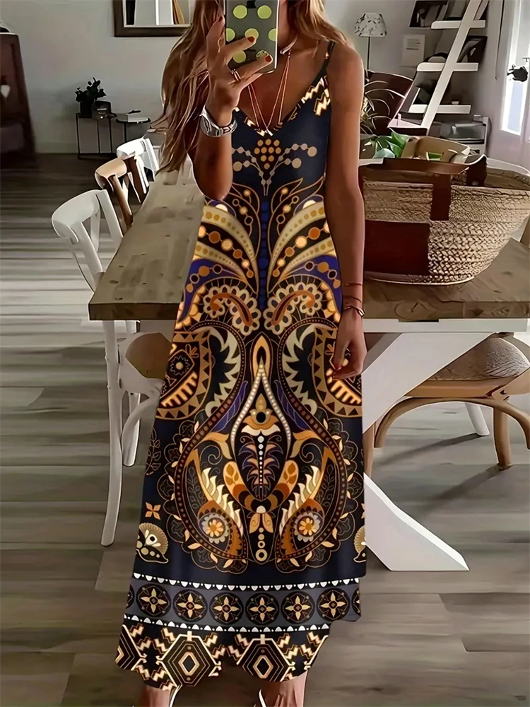 Women\'s New Hawaiian Beach Dress Summer Fashion Sexy Sleeveless Long Halter Dress 3D Vintage Butterfly Print Street Photo Dress