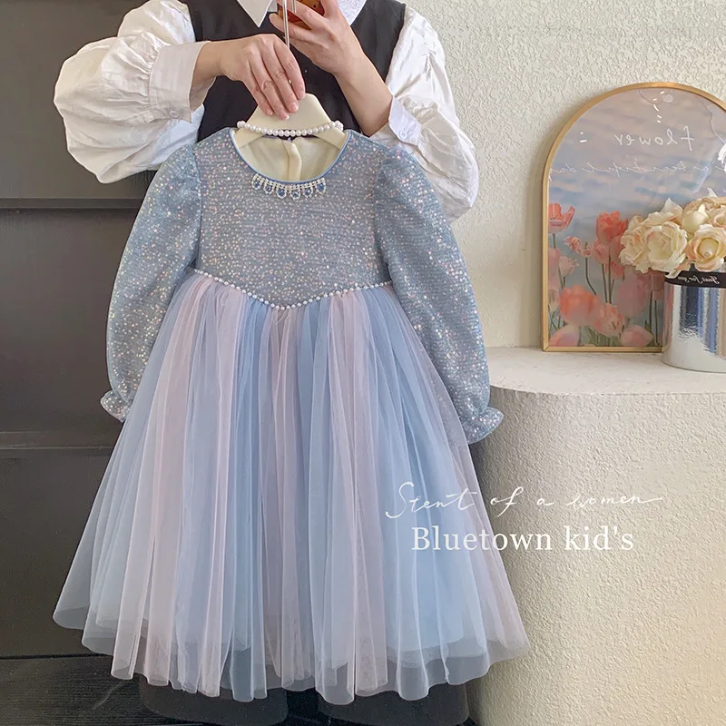 

Girls Mesh Princess Sequin Dress2025New Winter Fleece Dress Birthday Puffy Skirt Trendy