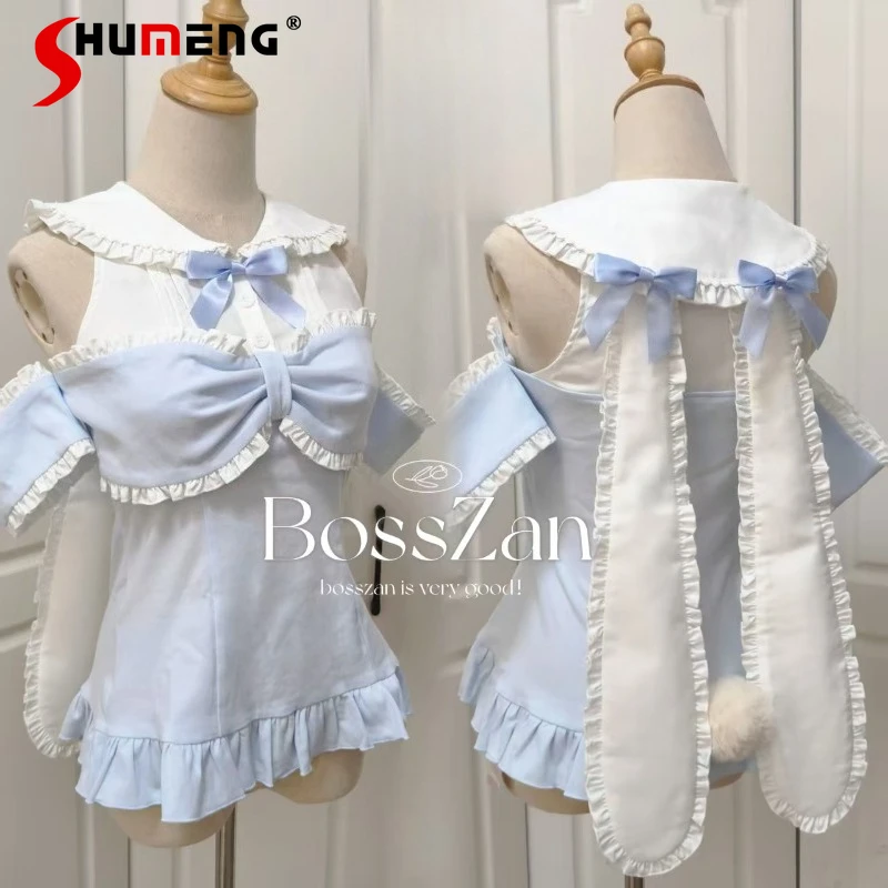 

Japanese Style Sweet Cute Pink Blouse Ladies Long Rabbit Ear Off-Shoulder Bow Fake Two-Pieces Lolita Top Shirt Kawaii Clothes