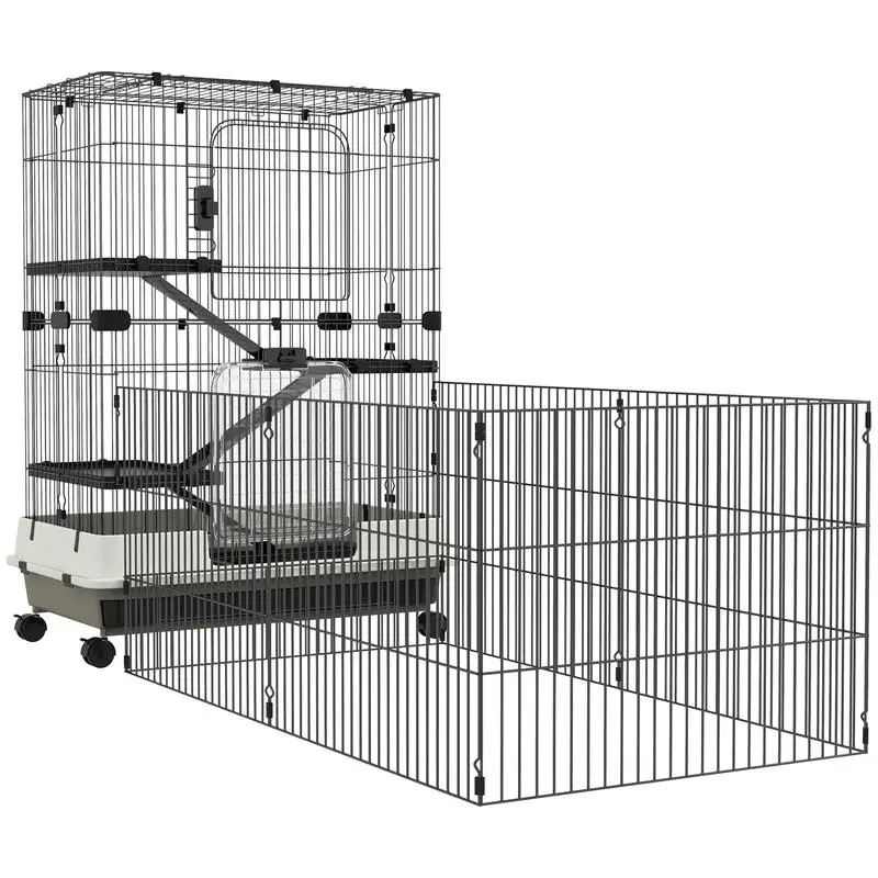 Cage pour petits animaux sur roulettes, 3 plateformes amovibles, 3 rampes, plateau inférieur amovible, métal, PP, noir
