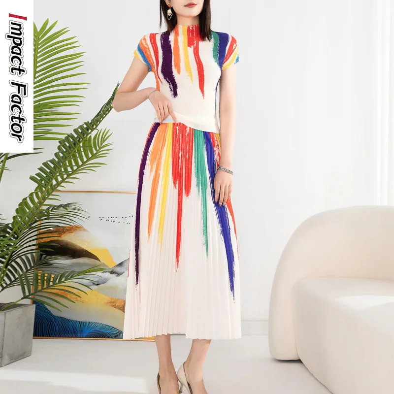 

Pleated Print Fashion Set High-end Corn Pleated Half High Neck Elastic Top with High Waist Drape Mid Length Skirt