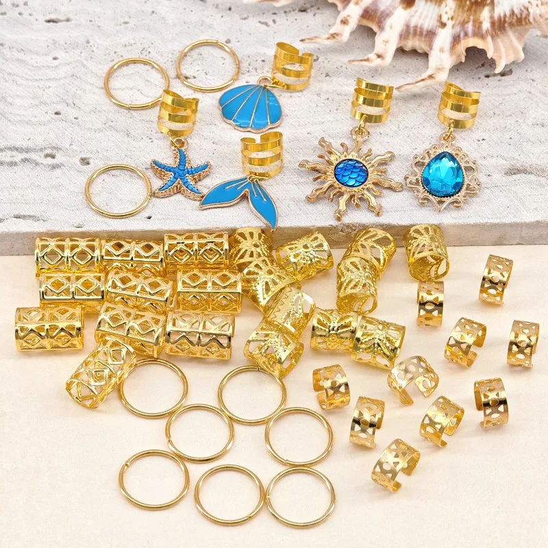 45 Pieces Ocean Theme Braid Hair Rings Blue Starfish Shell Mermaid Tail Rhinestone Hair Cuffs for Beach Vacation Party Accessory