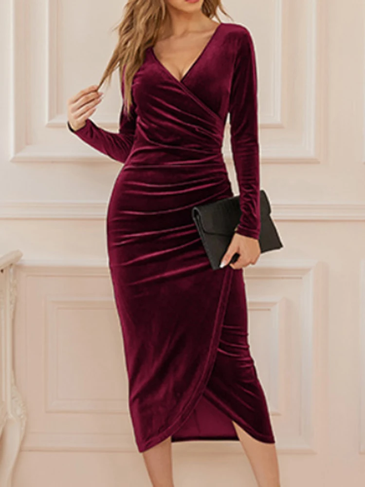 Velvet Bodycon Midi Dress Women Sexy Split Ruched Dress Slim Long Sleeve Wrap Dress Female V-neck Irregular Party Dress Vestidos