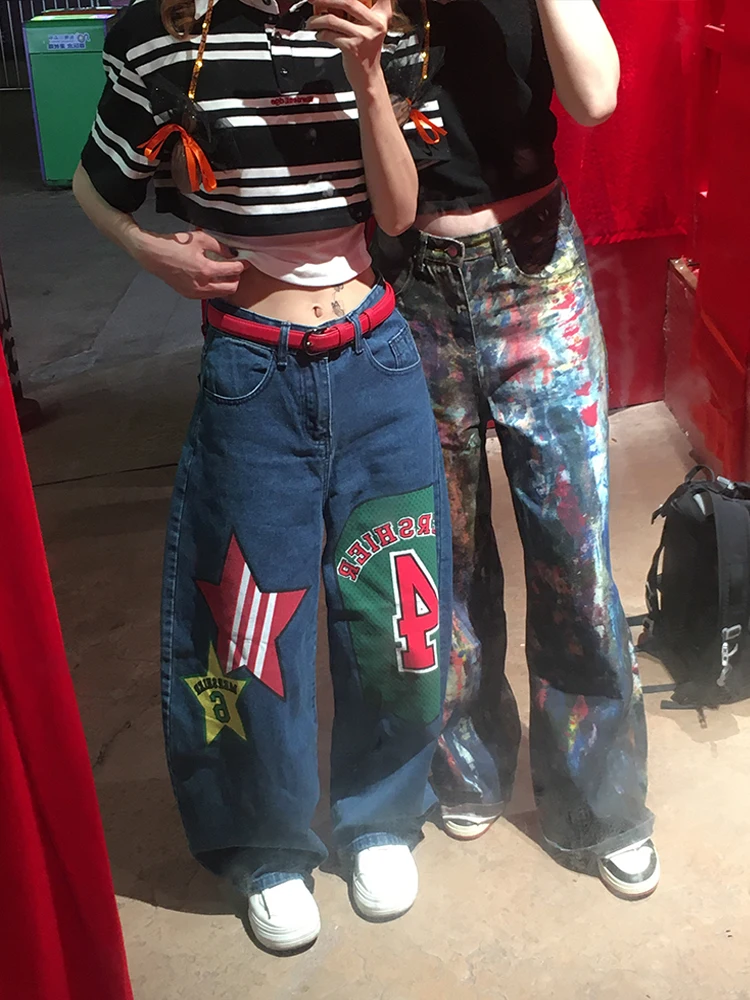 

Design Sensation Star Number Patchwork Printed Denim Pants Women's American Hot Girl Street Personality Match Long Pants