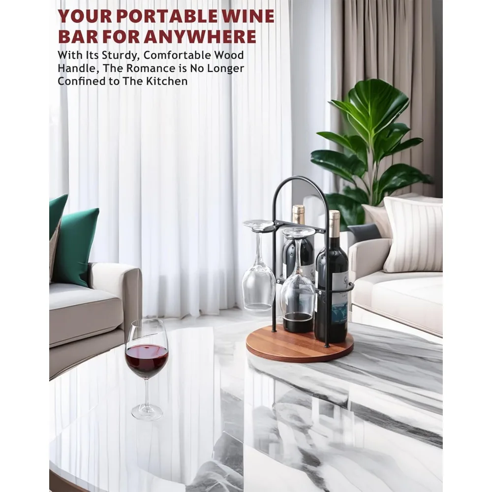 زجاجة نبيذ وحامل زجاجي للكونترتوب |   رف نبيذ صغير لزجاجتين و2 كوب |   تخزين النبيذ الحديث على سطح الطاولة مع جولة