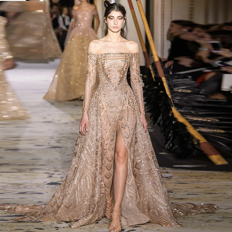 

2128 Sexy Zuhair Murad Off The Shoulder Long Sleeves Gold Beaded vestidos de noche vestidos de galaevening dresses فستان العيد