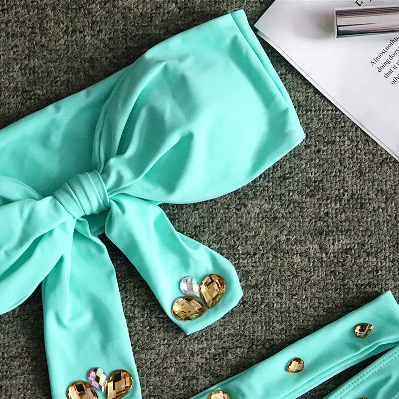 Costume da bagno tubolare con nodo superiore da donna, costume da bagno in due pezzi, bikini sexy a vita alta in cristallo