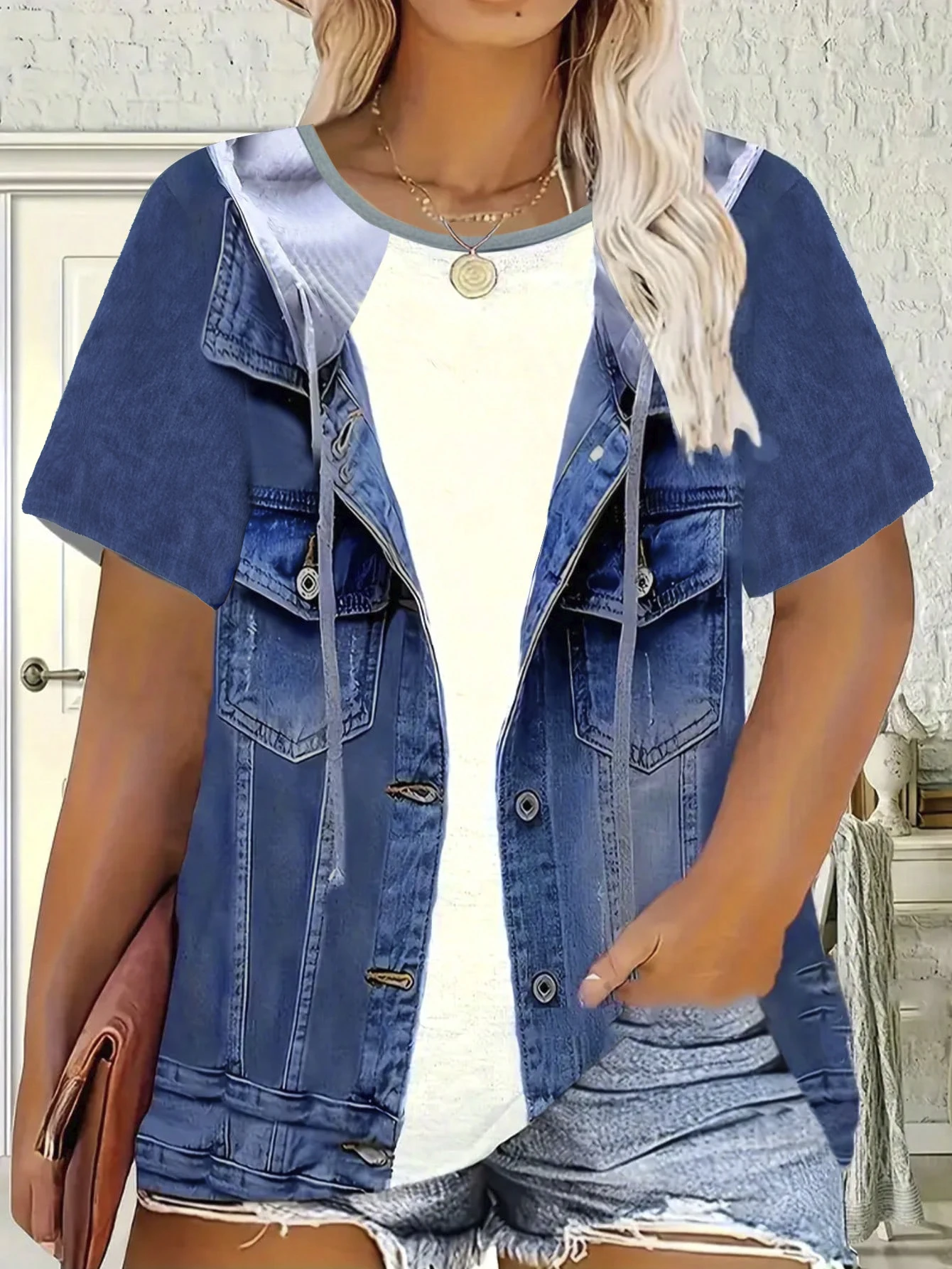 تي شيرت نسائي مقاس كبير من قماش الدنيم المقلد كاجوال بأكمام قصيرة ورقبة دائرية على الطراز الغربي من قماش الدنيم متعدد الاستخدامات ومريح #3