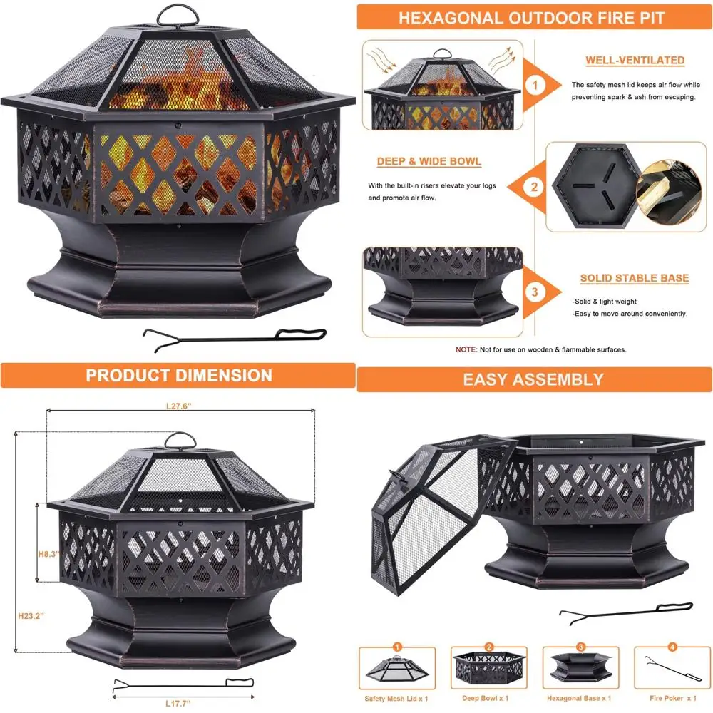 

hexagonal 28" outdoor wood-burning fire pit for patio, backyard, and camping in antique bronze finish