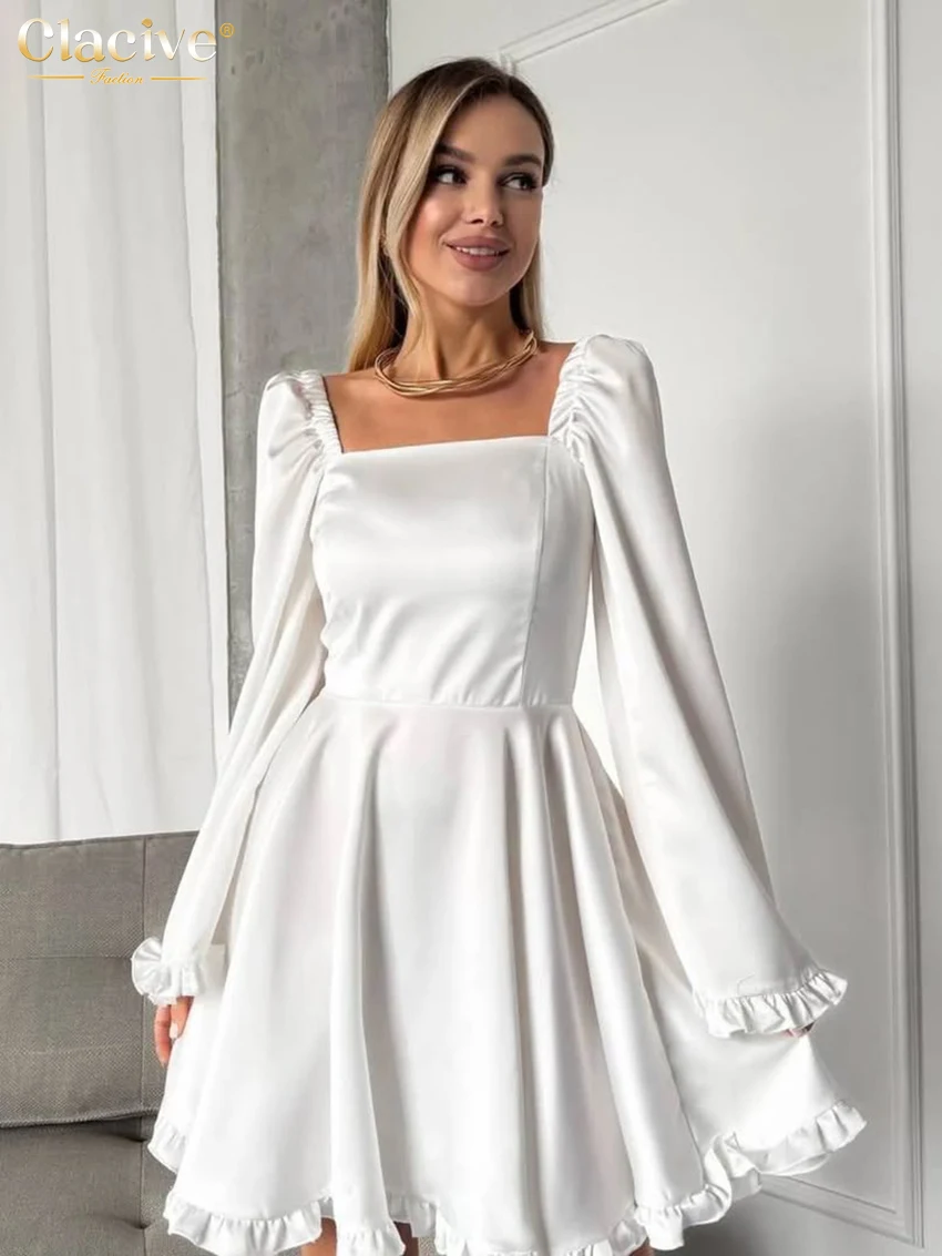 

Clacive Fashion Loose White Satin Women's Dress 2026 Autumn Square Collar Long Sleeve Mini Dresses Elegant Pleated Female Dress