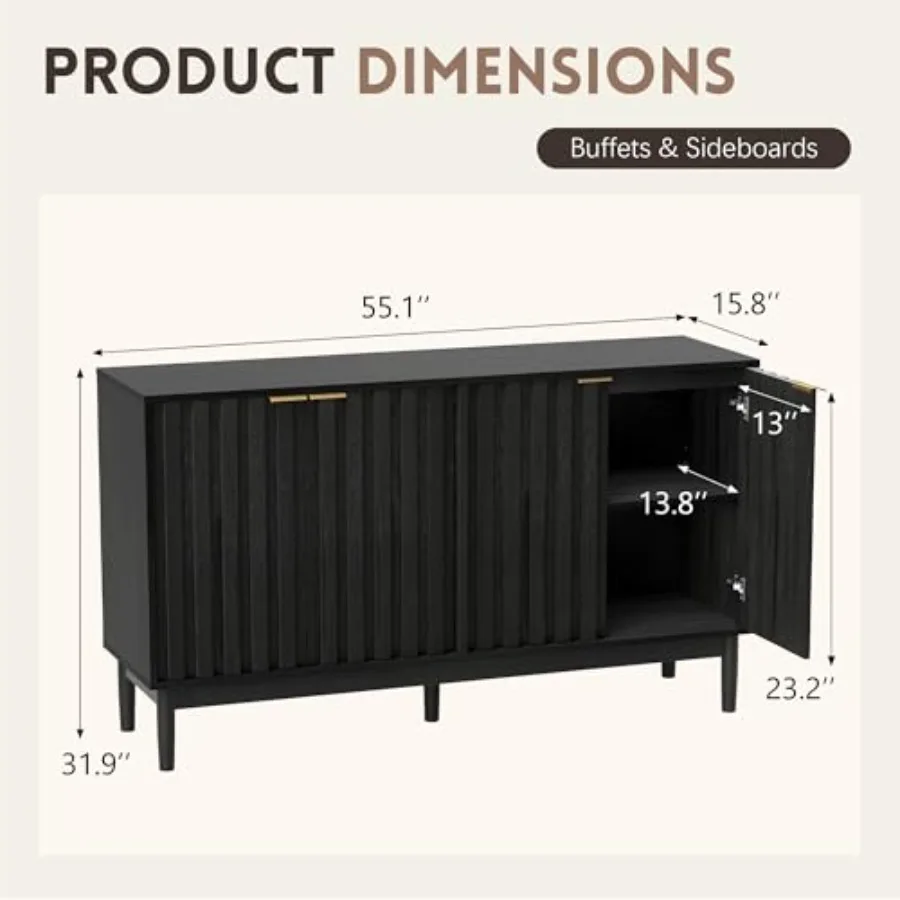 55 Fluted Buffet Cabinet with Storage for Dining Room, Wood Finish, Warm Gray, Elegant Vertical Grooves and Ample Hidden Storag