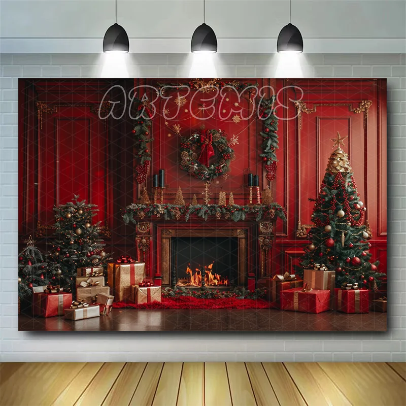 Christmas Photography Backdrop Red Wall Fireplace Christmas Trees Presents Decor Gifts Wreath Background Photo Studio Photo-call