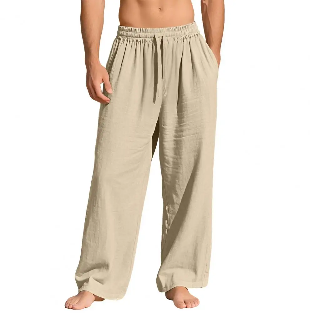 

Men's Linen Pants Straight Leg Elastic Waist Drawstring Lightweight Trousers Casual Summer Beach Long Pants with Pockets
