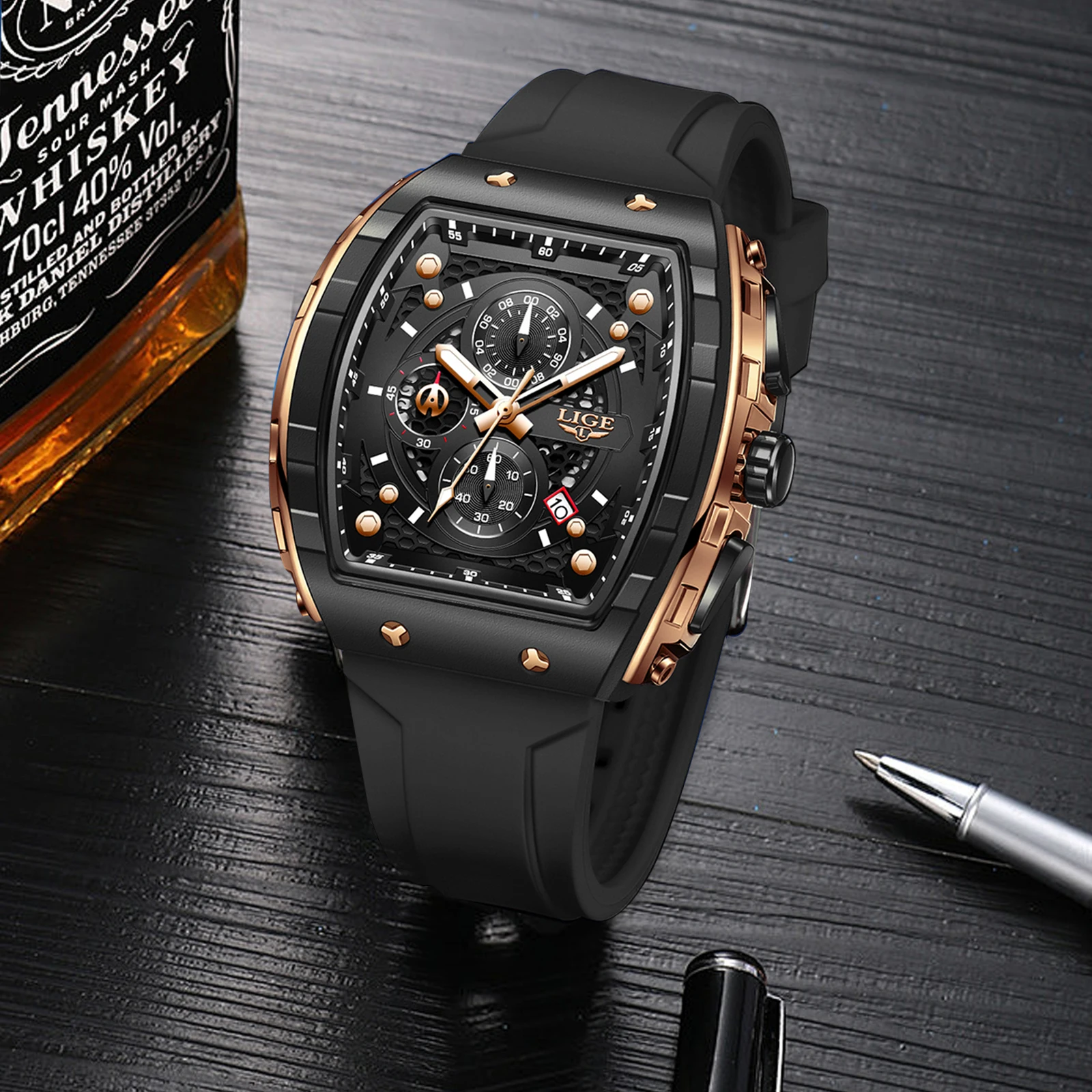 LIGE Outdoor Square Casual Sport Quartz Man Watch Top Brand Luxury Watches Fashion 50M Waterproof Auto Date Silicone Chronograph image 2