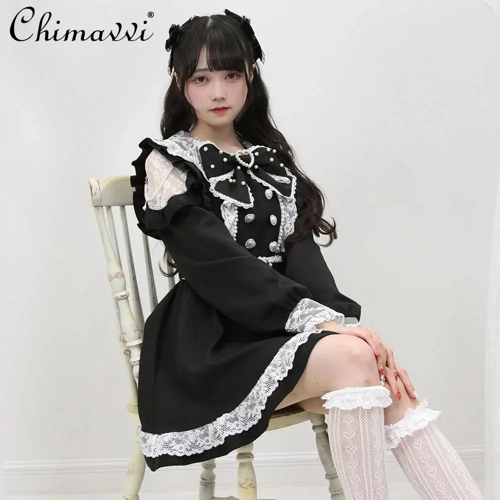 

Японское милое кружевное лоскутное платье с поясом, весенне-осеннее новое элегантное платье принцессы с тяжелыми пуговицами и стразами, милое бантом и длинными рукавами