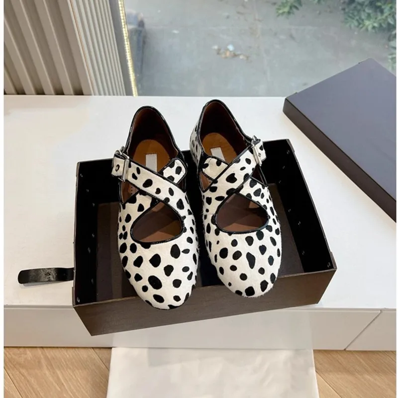 

Женские новые кожаные балетки Мэри Джейн 2025 года с высоким вырезом, леопардовым принтом и перекрестной пряжкой на ремешке, цвет джинсовый синий