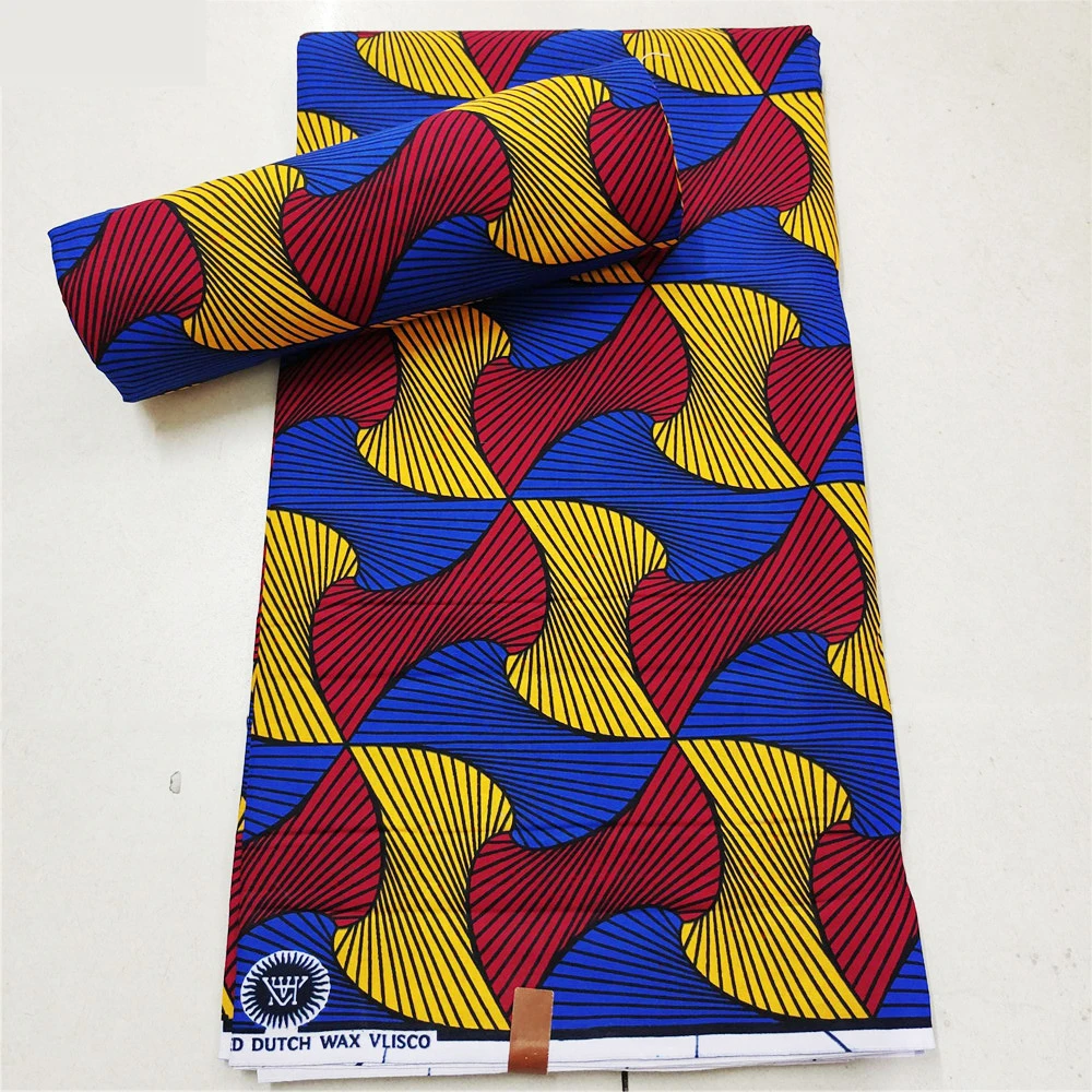 6 Yards Long African Batik Cotton Fabric - Spring & Summer Yellow Red Curve Print on Blue Fabric for Clothing Pants Sofas R801