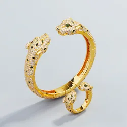 Designer Collection Style Jewelry Sets Women Lady Inlaid Cubic Zircon Black Spots Double Leopard Panther Ring Bangle Bracelet