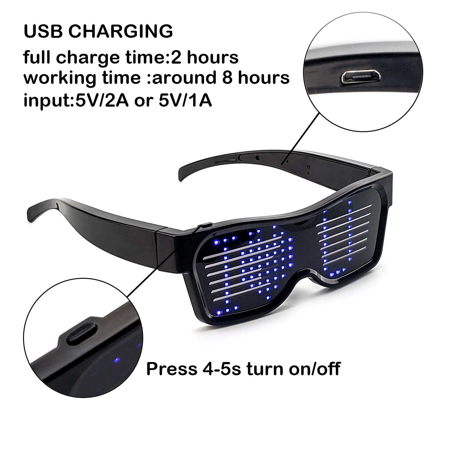 Leadleds Bluetooth RGB LED Luminous Glasses Eye Patch for Raves Festivals Costumes Flashing Display Messages Animation Drawings