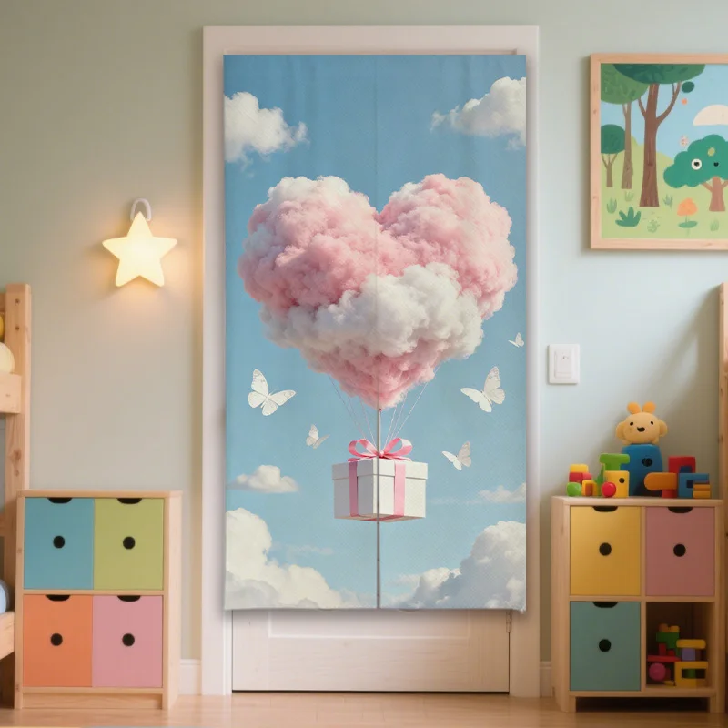 Whimsical Heart Cloud Door Curtain Screen Panel Nursery Decor for Kids Room Doorway Polyester Fabric Pastel Sky Art
