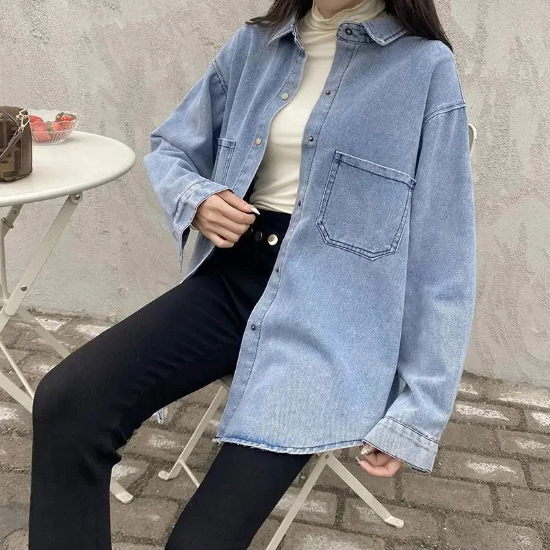 

Women Fat MM Casual Denim Top 2022 Pring Autumn New Retro Niche Denim Shirt Female Loose Design Sense Of All-match Shirt Jacket