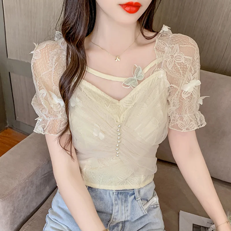 2023 Summer Puff Sleeve Off Shoulder Shirts Mesh Lace Bow Tops Sexy Sheer Buttoned Blouse For Women Blusa Mujer Blouses Ladies