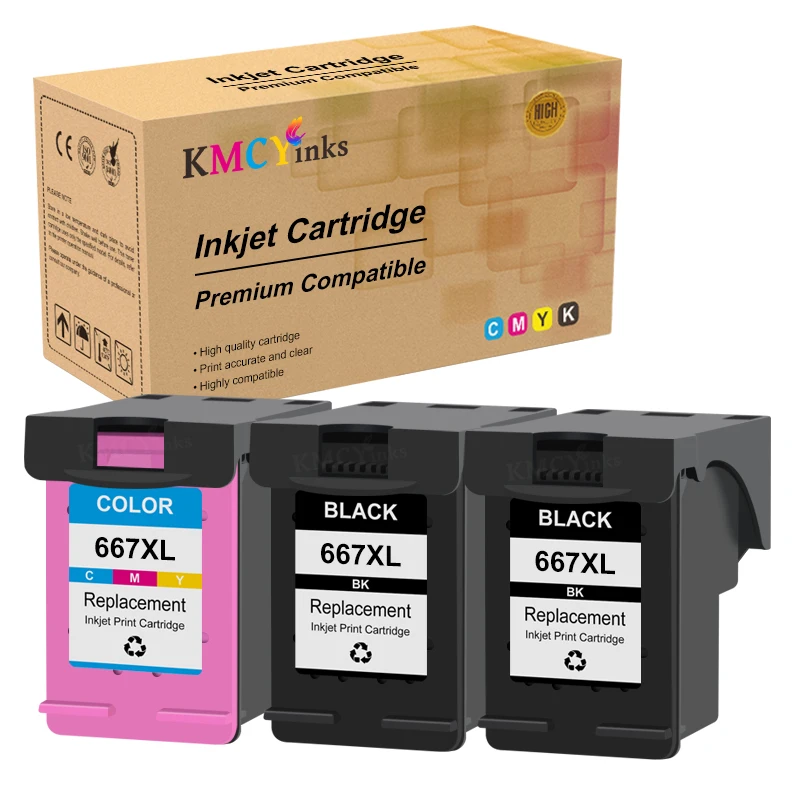 KMCYinks Remanufactured Ink Cartridge Replacement For HP 667 667XL 3YM81AL 3YM80AL Inkjet for DeskJet Advantage 1275 2374 2375