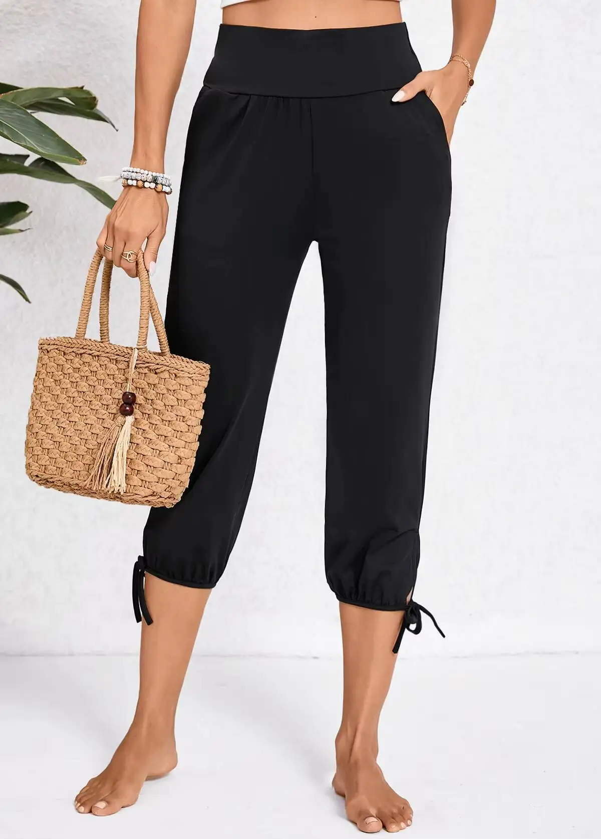 

Женские черные укороченные брюки до икр на весну-лето, с высокой талией, свободного кроя, повседневные, для пляжа и отпуска