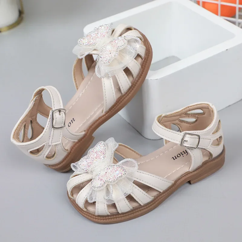 Girls Summer Butterfly Sandals Princess Beach Shoes Cut-outs Kids Sandals Crystal with Lace Sweet Soft Breathable Anti-kick Cute