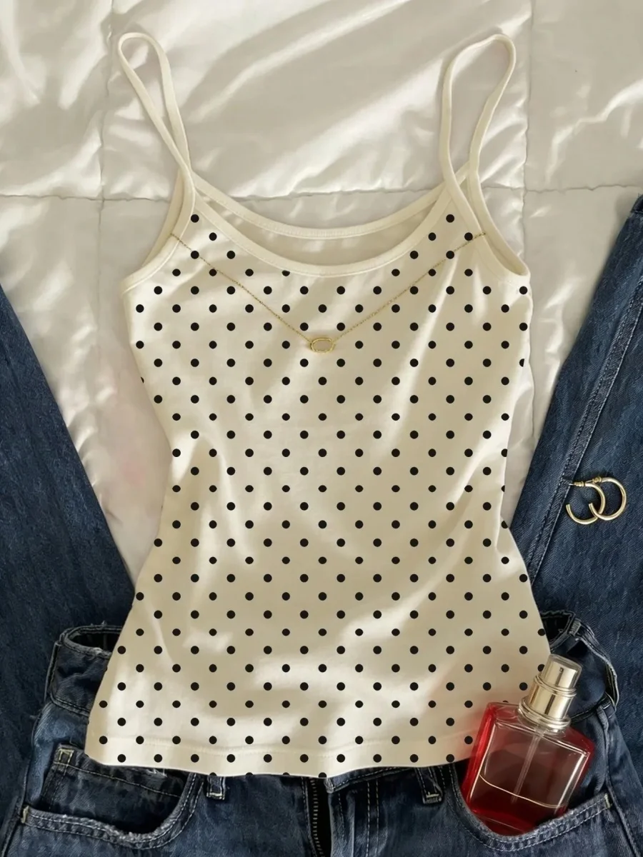 Camiseta sin mangas con lunares para mujer, top corto informal de verano, ajustado, sin mangas, blanco, básico, estilo Y2K