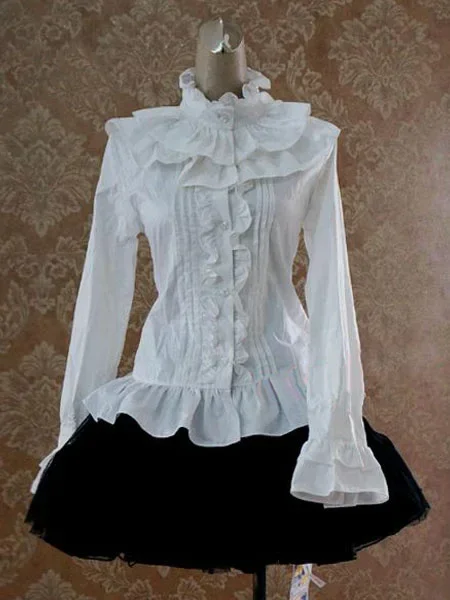 Sweet Cotton Lolita Blouse Long Sleeves Ruffles Stand Collar