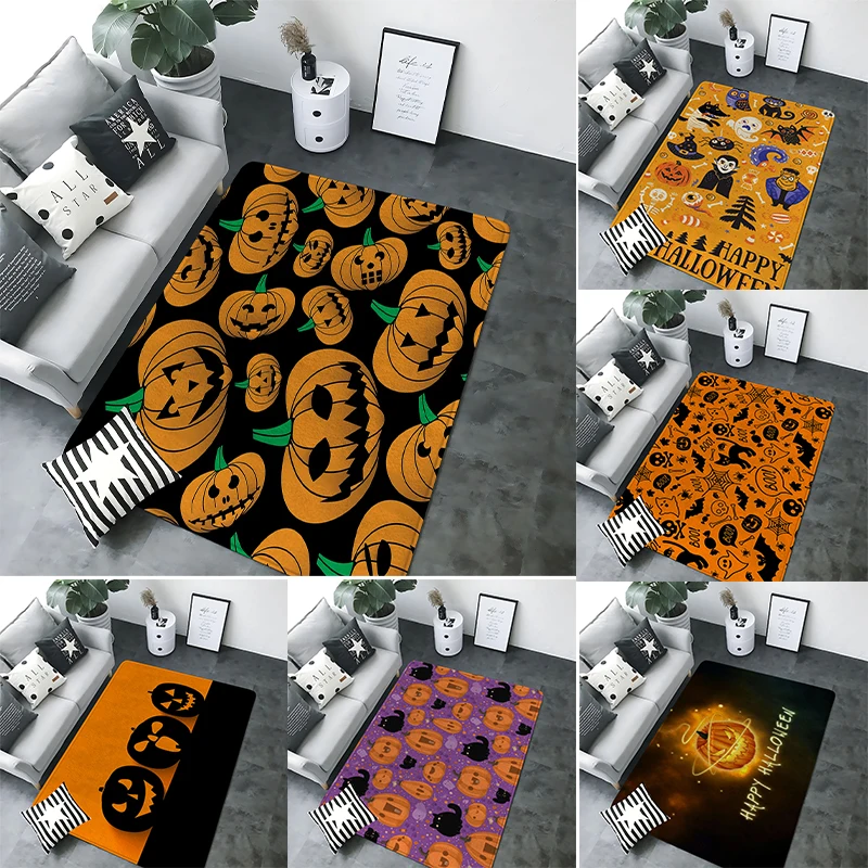 Halloween Themed Rectangular Rug Diverse Pumpkin Black Cat Patterns Soft Non Slip Carpet for Living Room Bedroom Decor